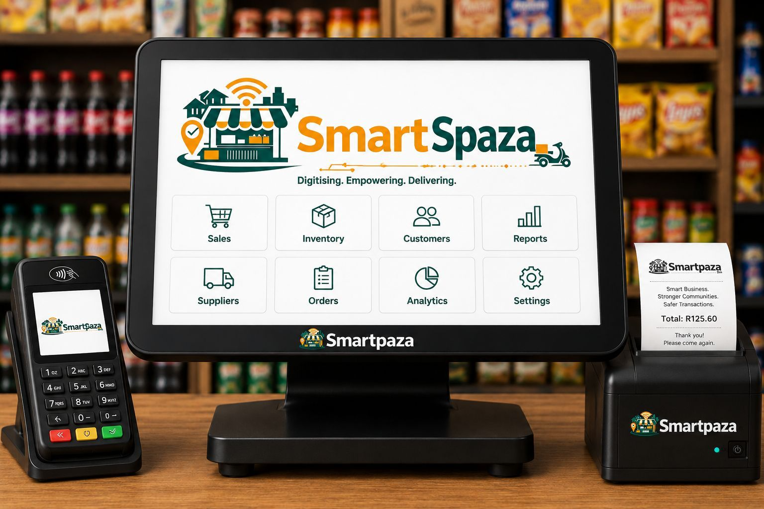 SmartSpaza POS with iKhokha card reader and receipt printer in a spaza shop